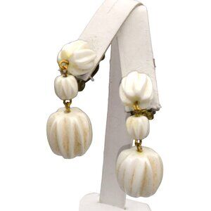 Vintage White Plastic Fluted Beads, Triple Dangle Earrings, W. Germany Mid Centu